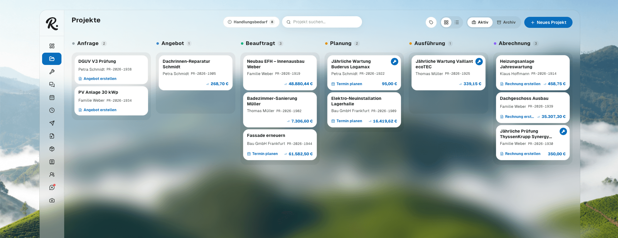 rocko Projektübersicht: alle Projekte von der Anfrage über Angebot und Ausführung bis zur bezahlten Rechnung auf einem Kanban-Board