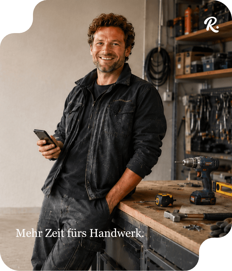 Handwerker in seiner Werkstatt, das Smartphone in der Hand. Bildaufschrift: Mehr Zeit fürs Handwerk.