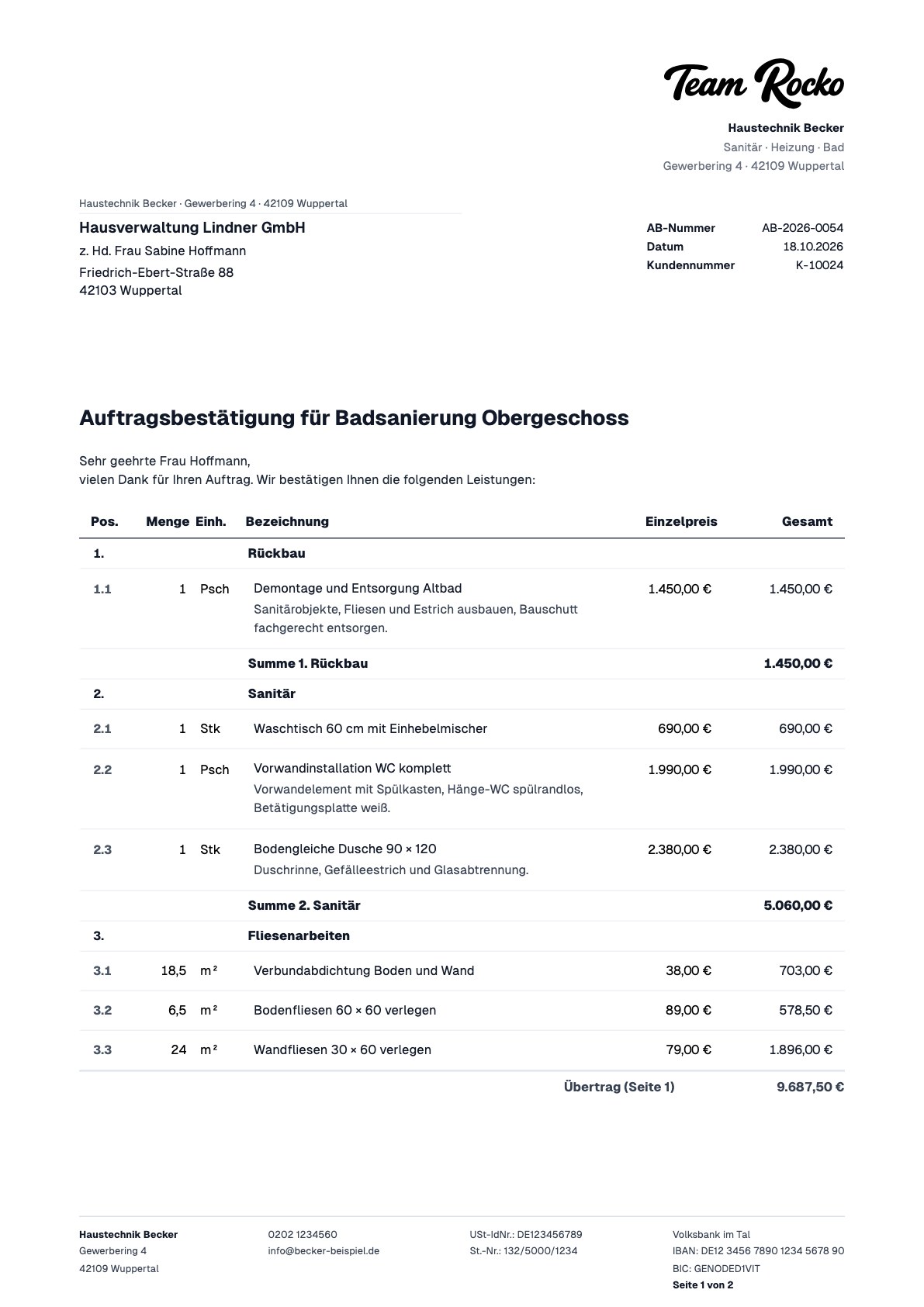 Auftragsbestätigung von Haustechnik Becker