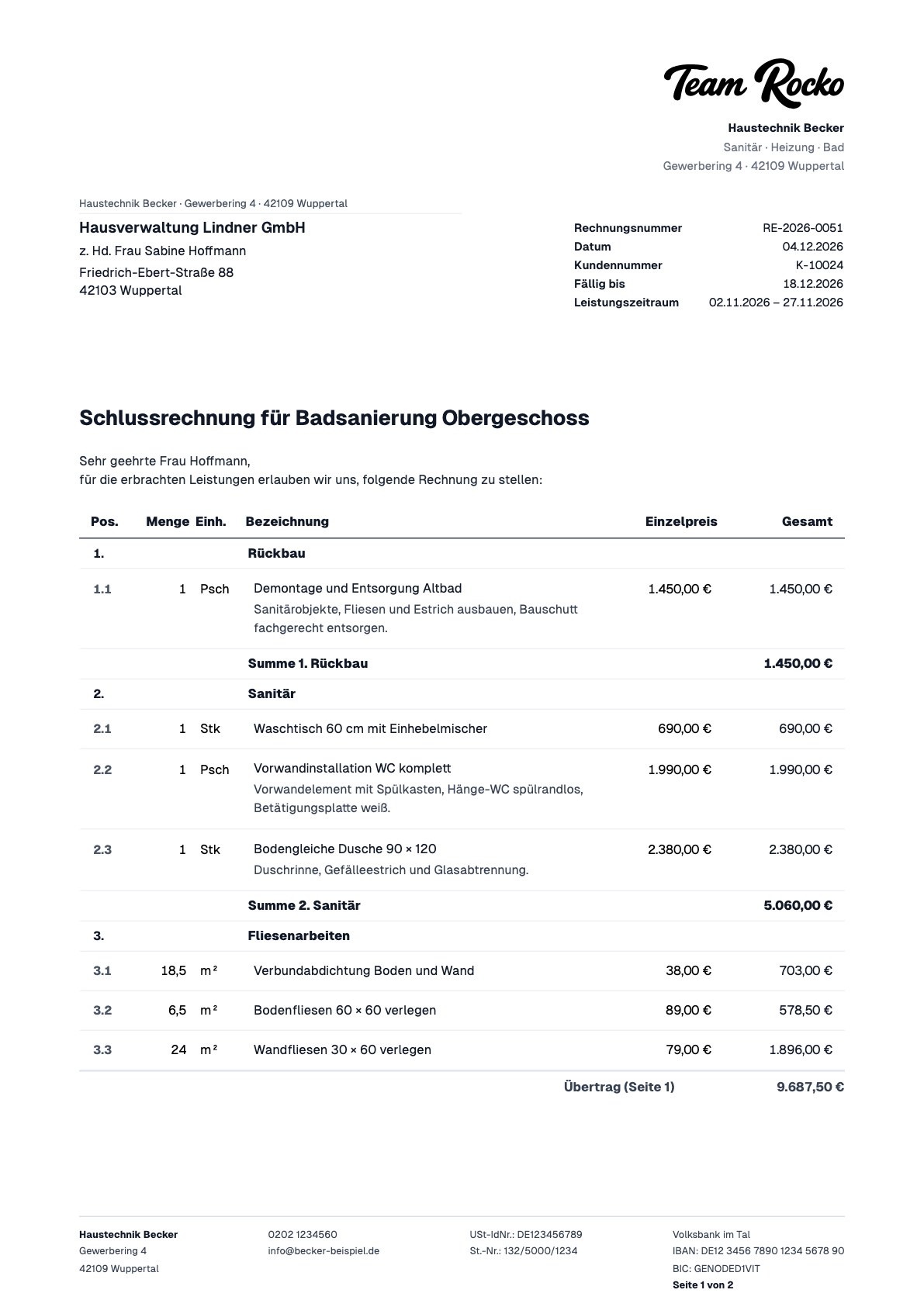Schlussrechnung von Haustechnik Becker
